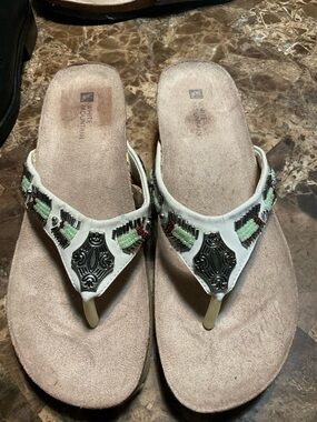 White Mountain White Thong Sandals with Mint Bead Accents